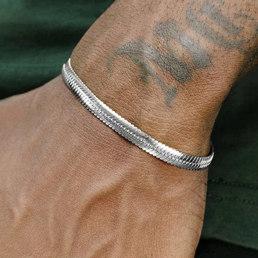 3mm Silver Color Stainless Steel Flat Chain Bracelet Simple Bracelet For Men Retro Jewelry Trendy Accessories Women Bracelet